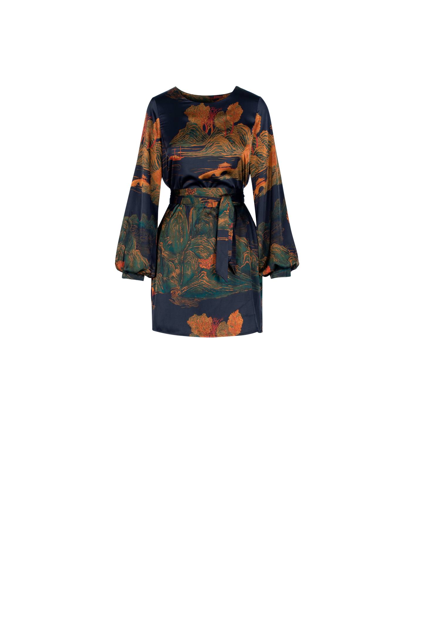 Landscape Print Doriana  Dress with Self Belt