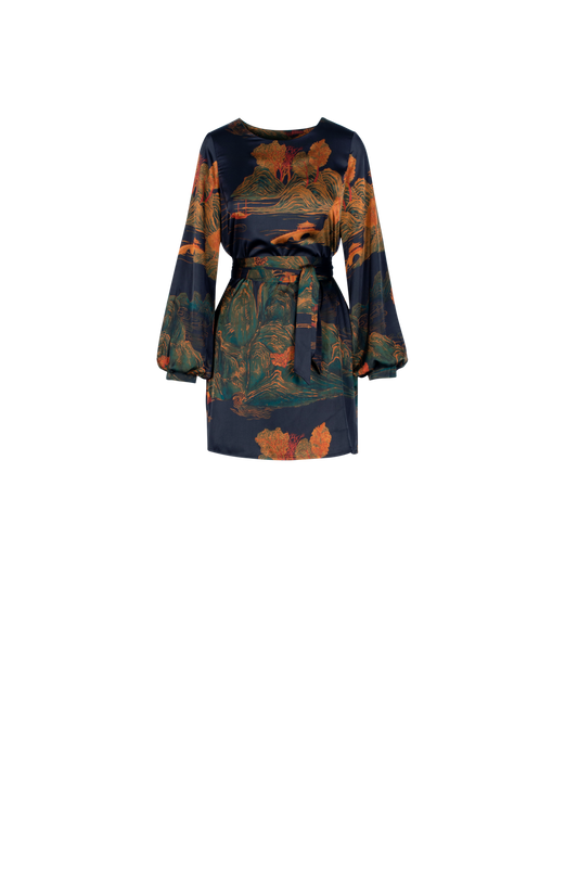 Landscape Print Doriana  Dress with Self Belt