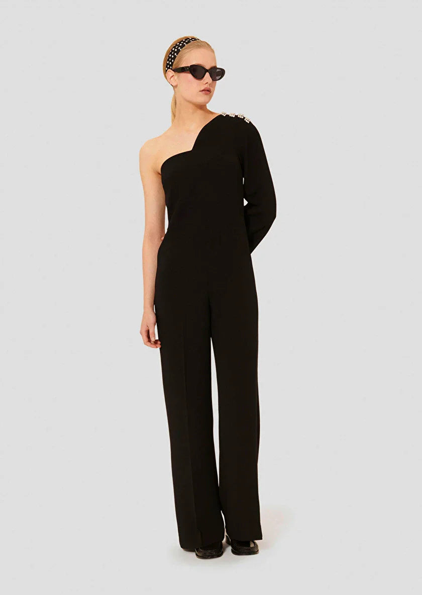 Cassiopee Black Crepe One Shoulder Jumpsuit