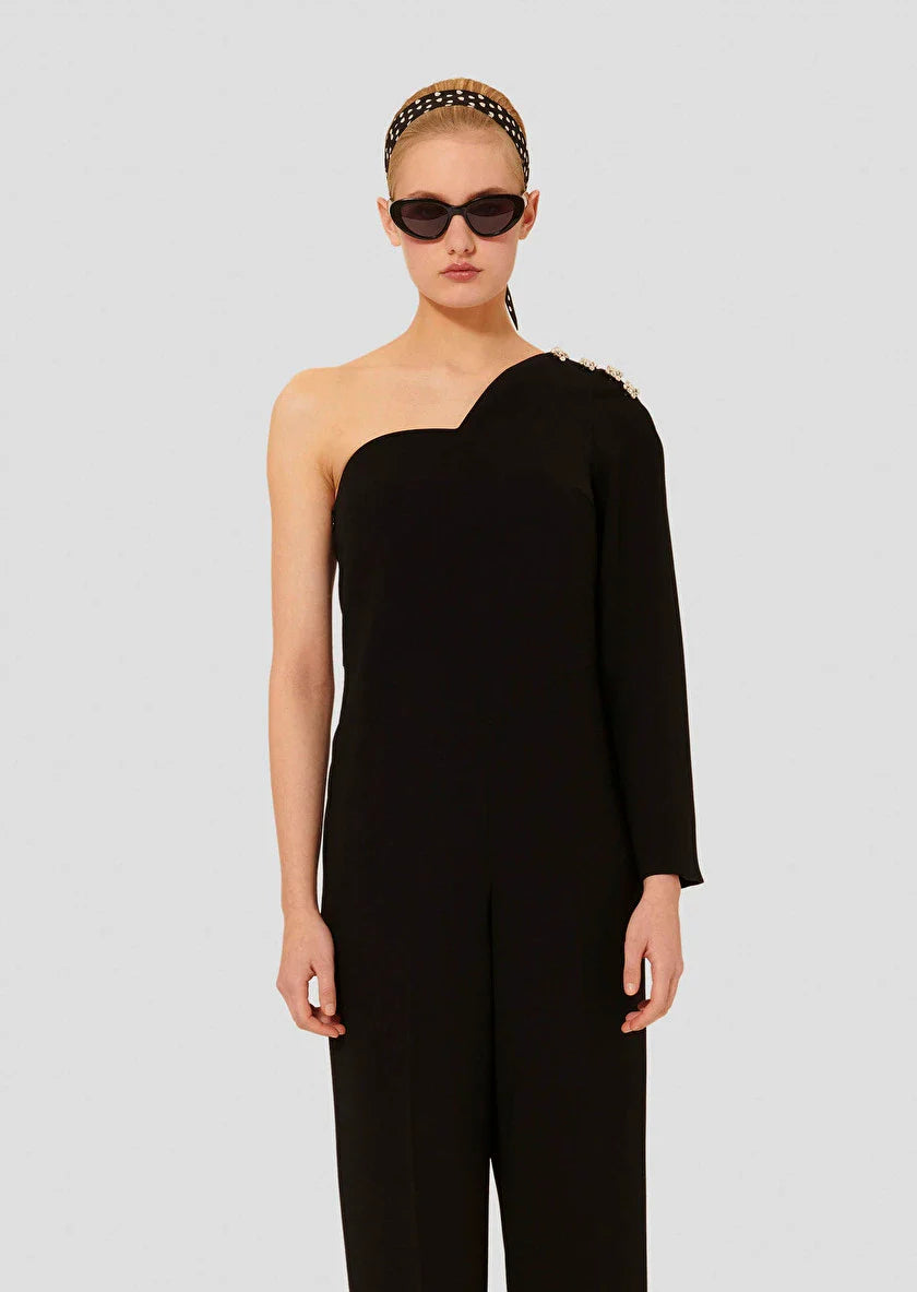 Cassiopee Black Crepe One Shoulder Jumpsuit