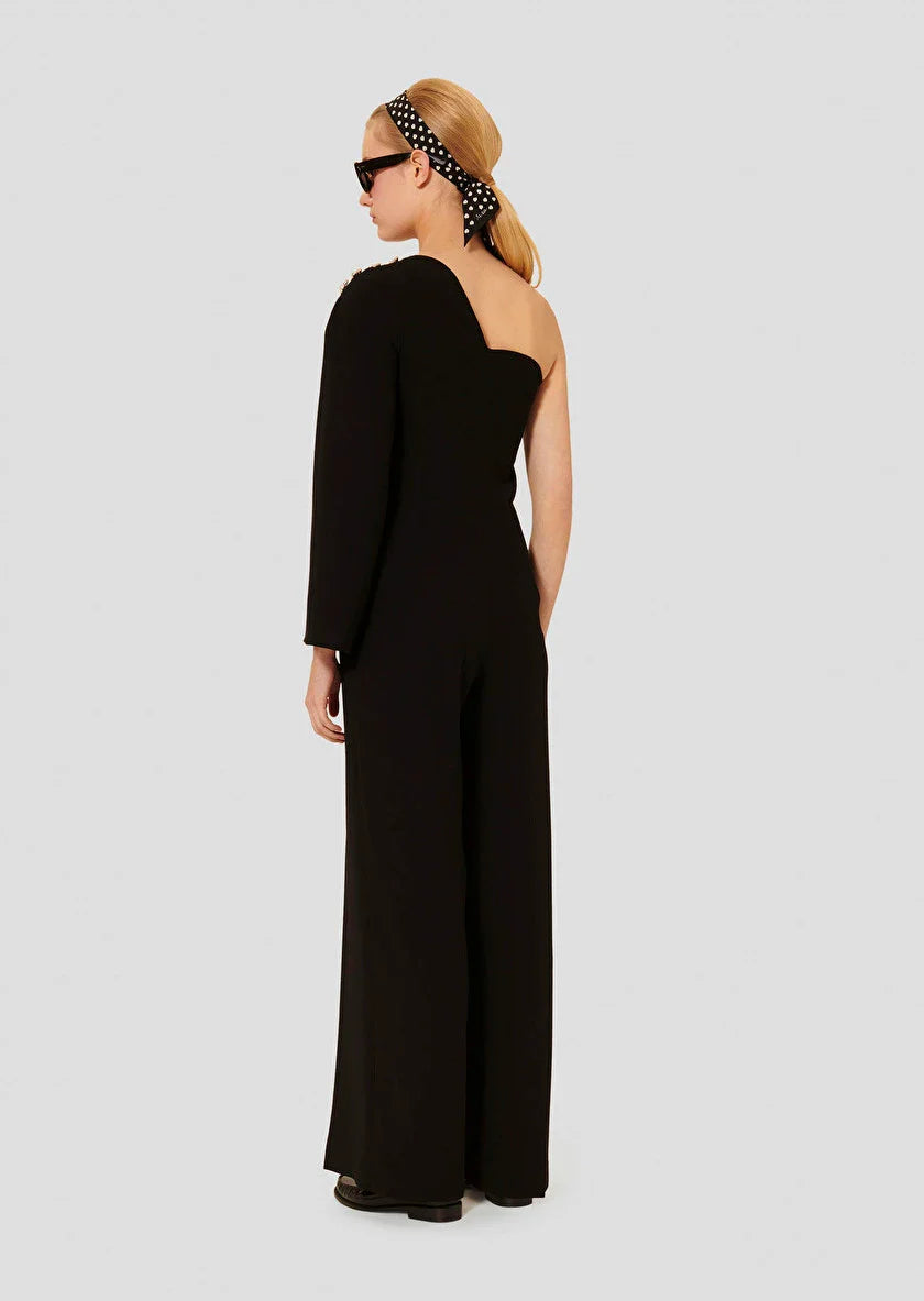 Cassiopee Black Crepe One Shoulder Jumpsuit