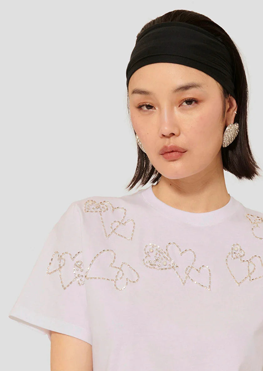 Taramour White Embrodiered Gem Jersey T-Shirt