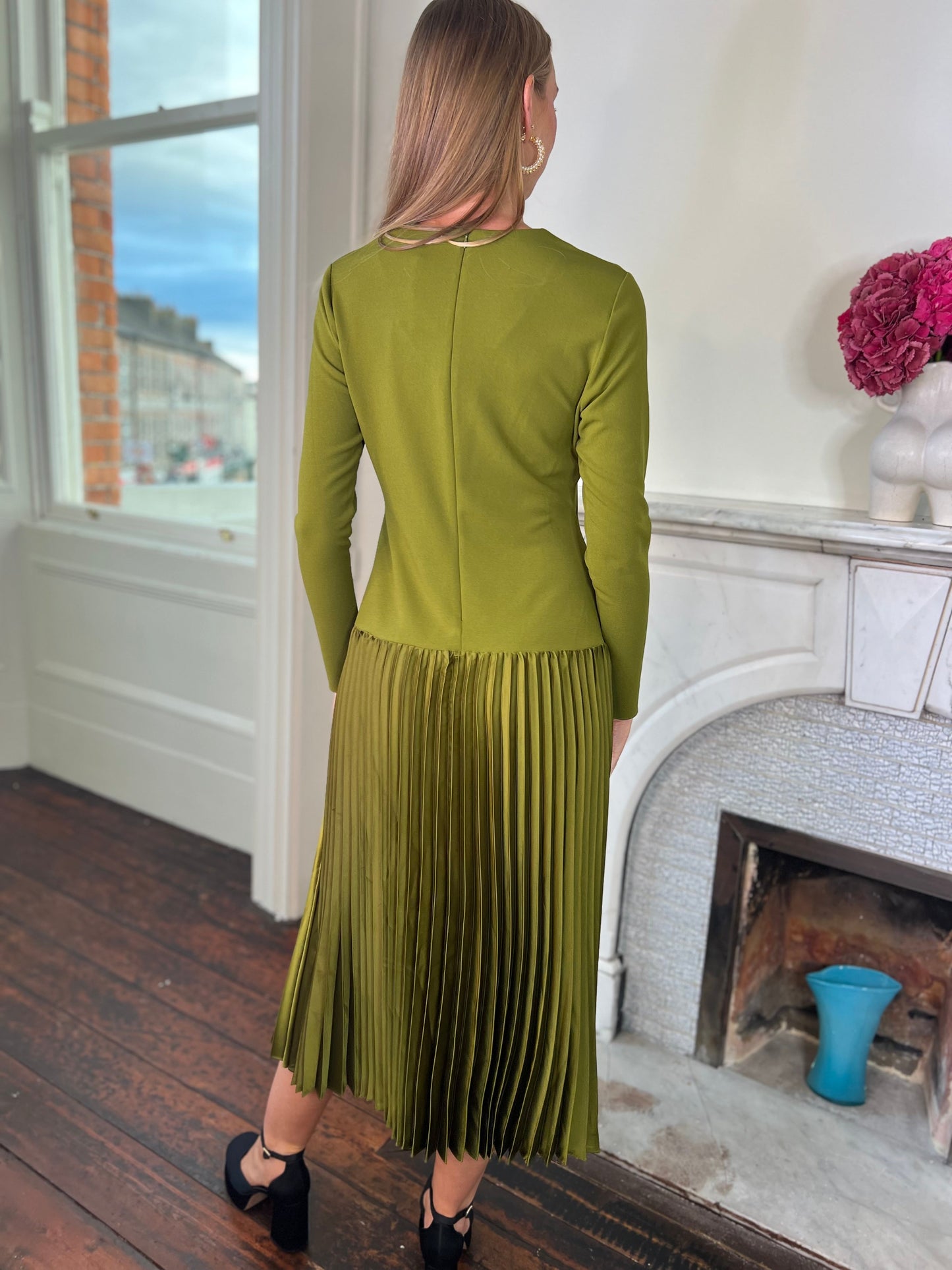 Olive Green Drop Waist Dress with Pleated Skirt