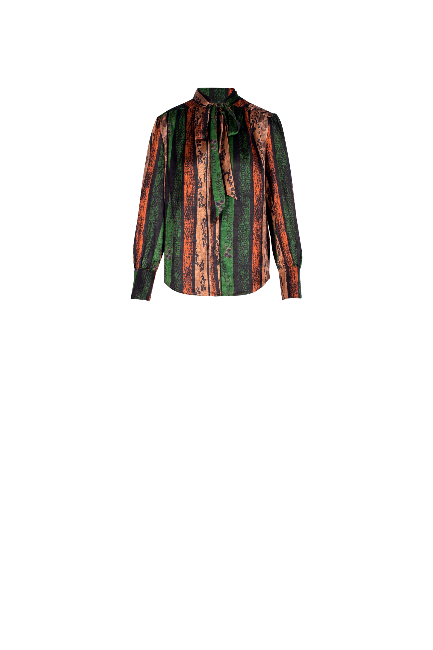 Forest Tlaw Bronze and Green Print Blouse in Bow Tie Detail