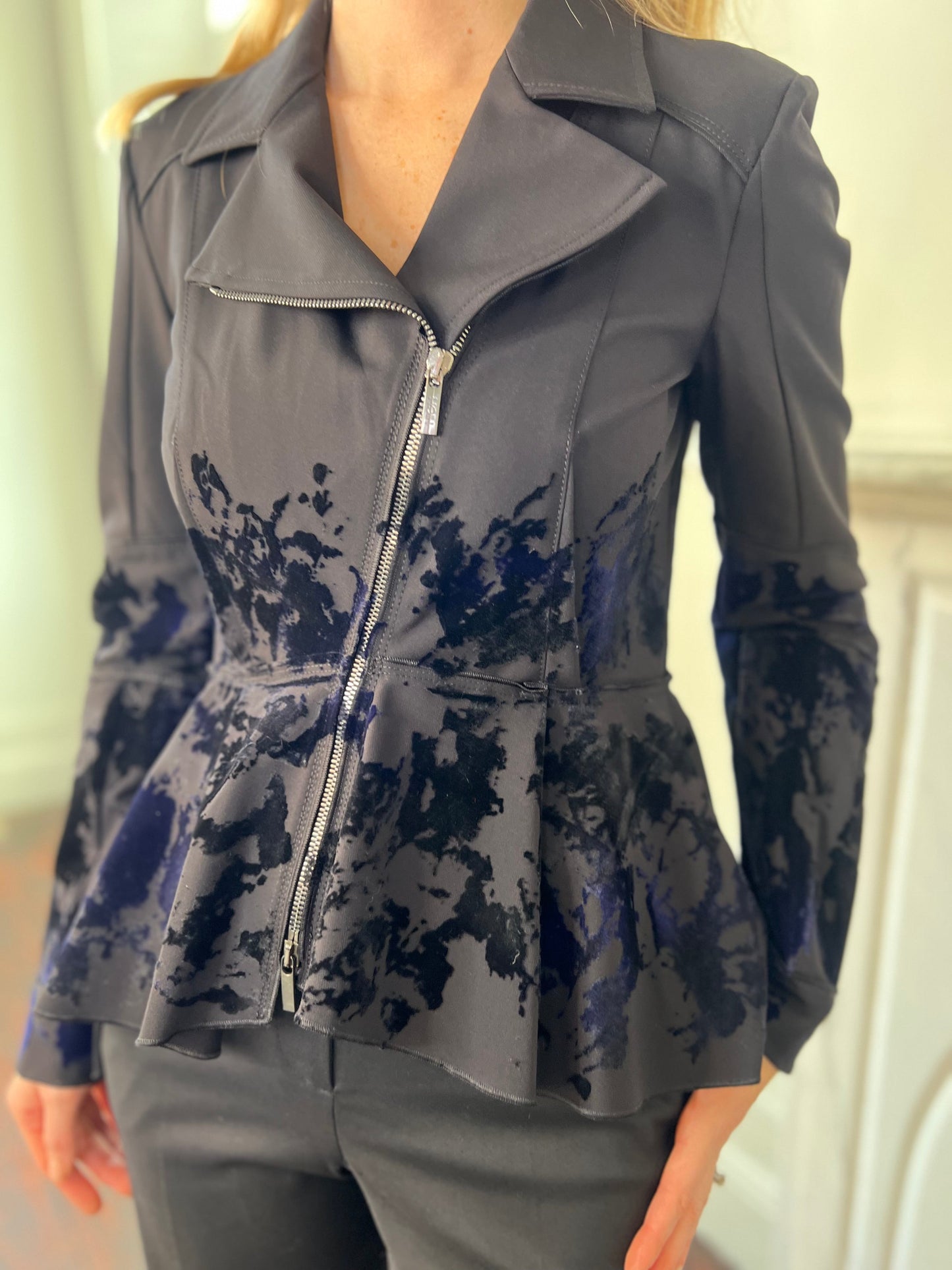 INTRIGUING  Black Biker Inspired Jacket with Navy Flock Print