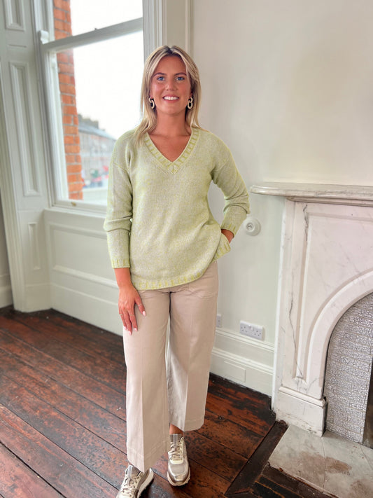 Lime Green Melange V Neck Jumper