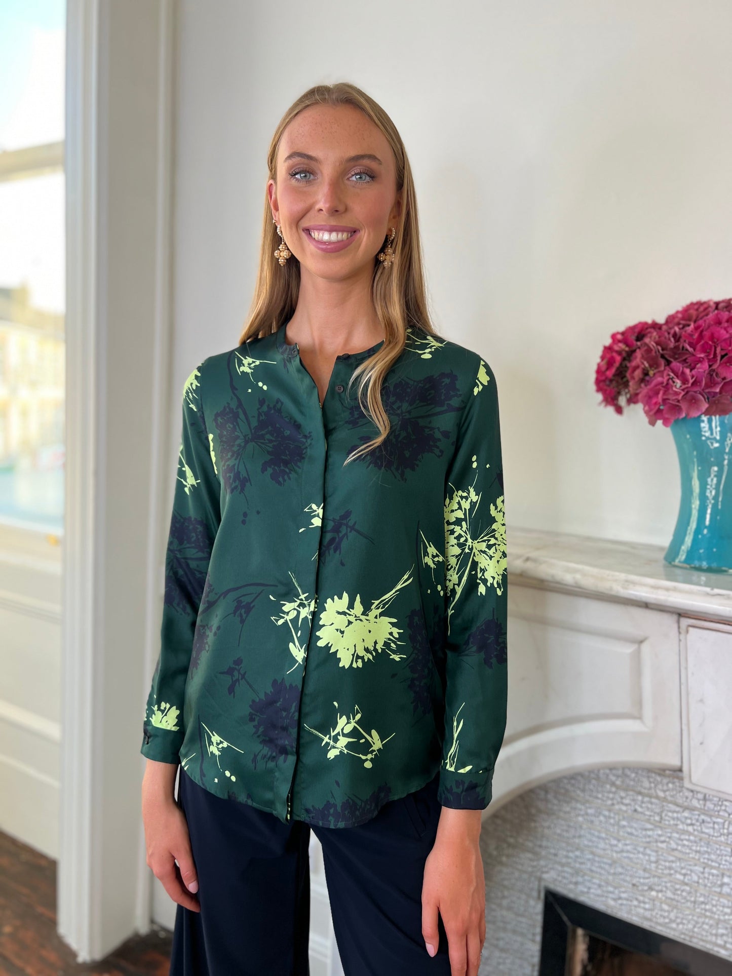 Round Neck Silk Printed Shirt in Forest Green