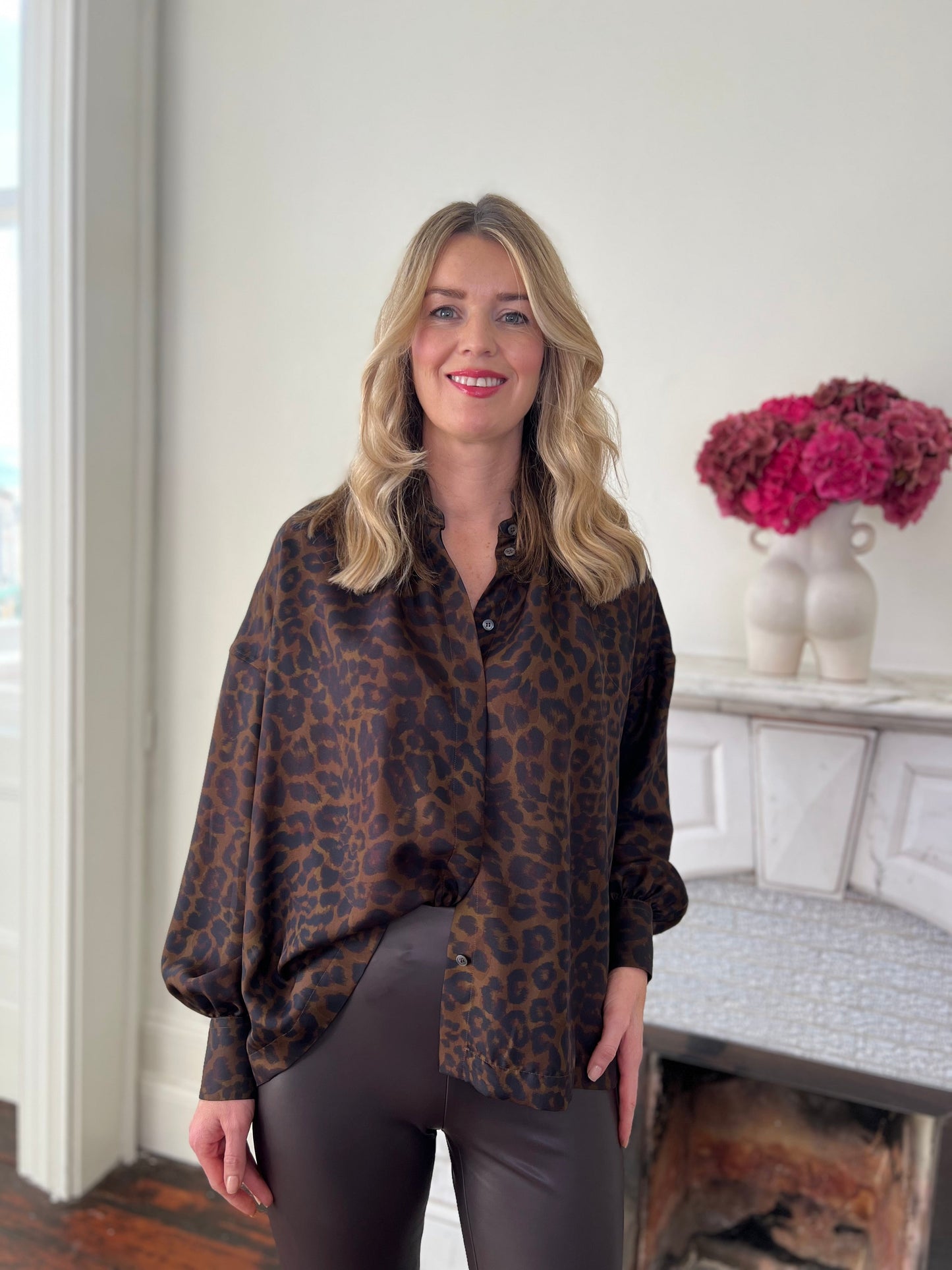 Chocolate Brown and Black Silk Leopard Print Blouse with Mandarin  Collar