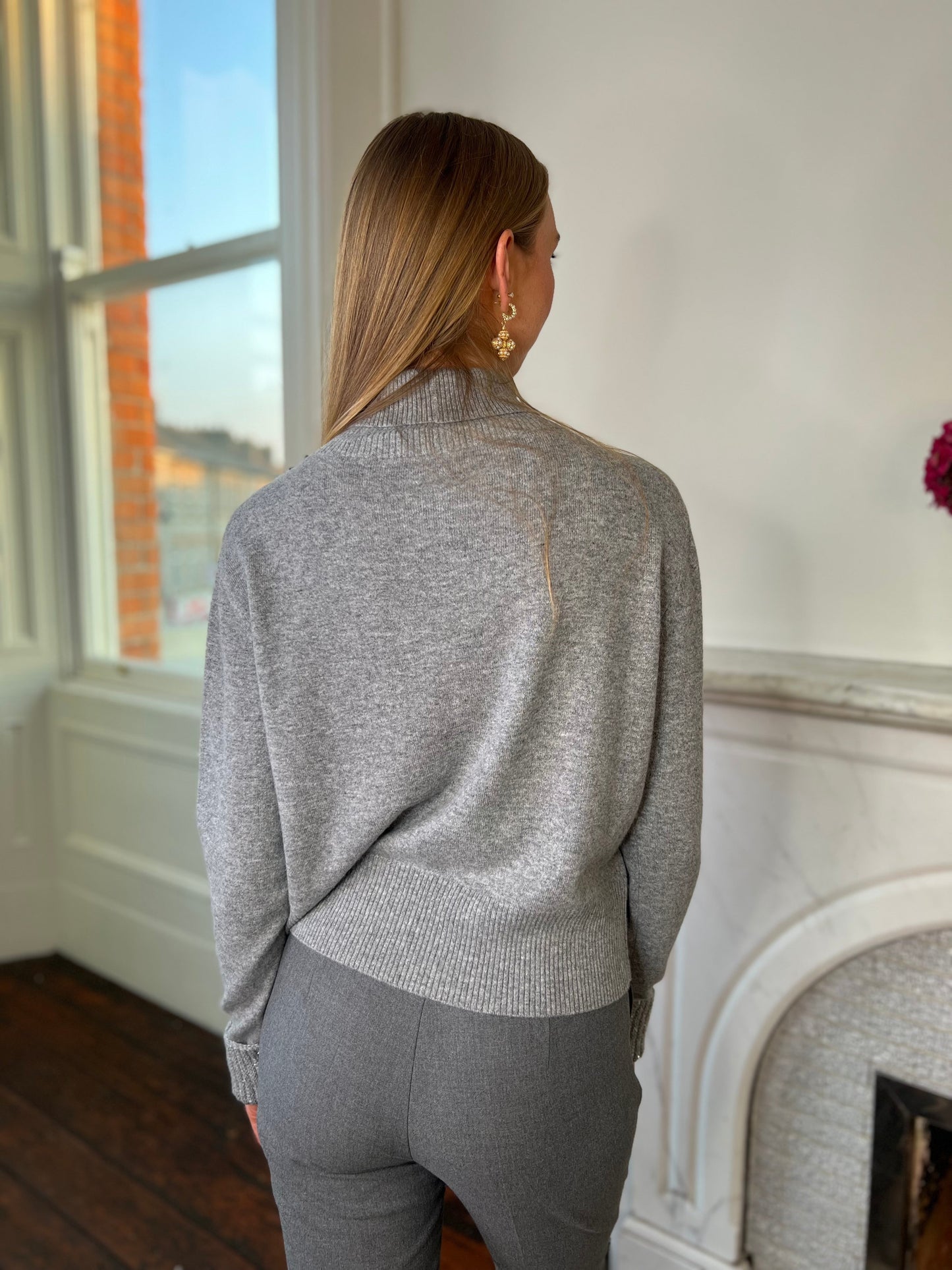 Platinum Relaxed Polo Sweater With Sequins in Rock Grey