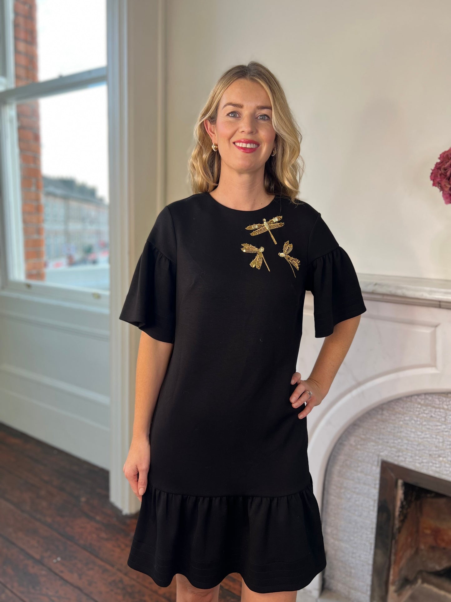 Alexandra Black Jersey  Dress with Gold Dragon Fly Embellishment