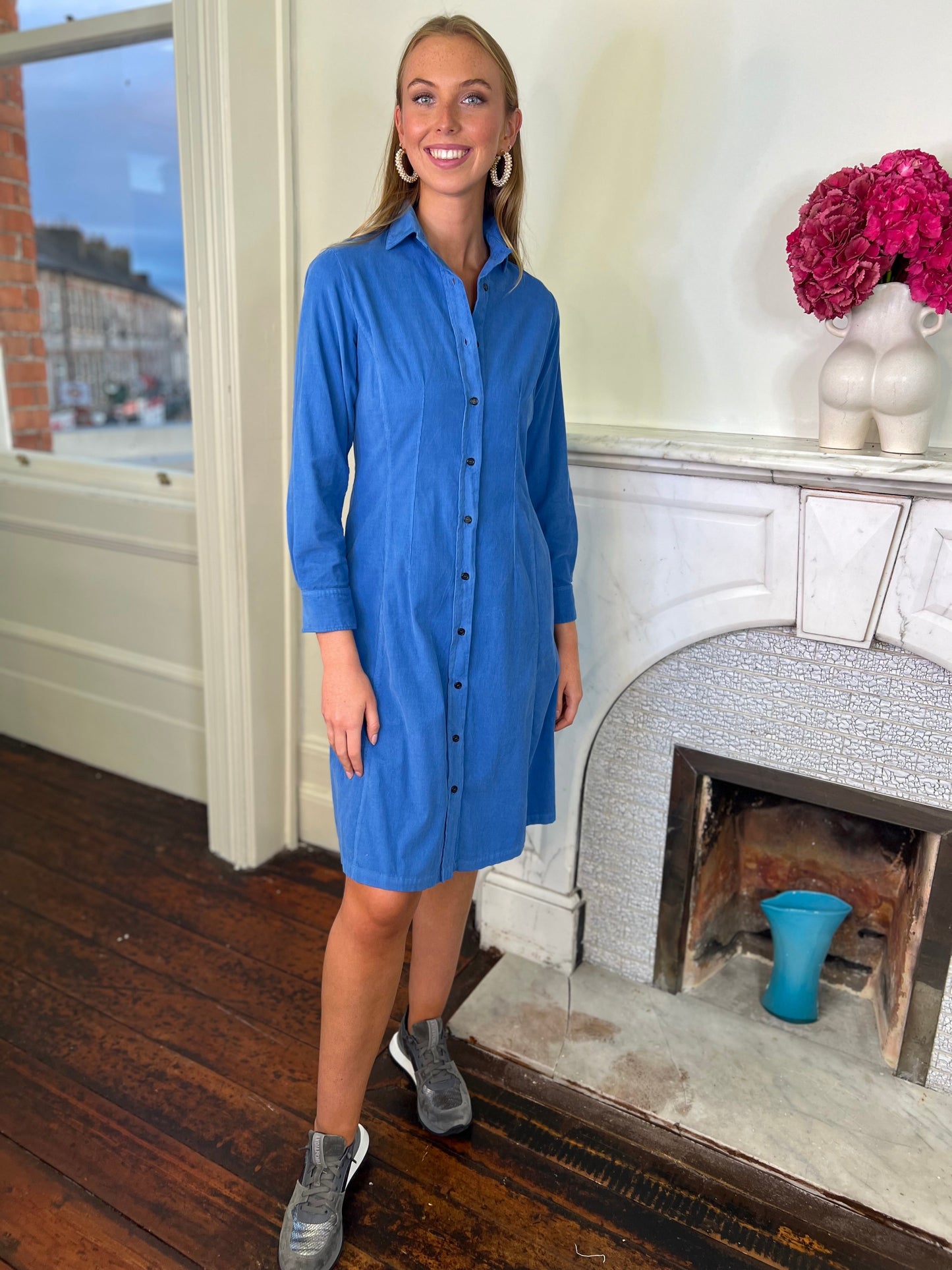 Blue Fitted Corduroy Shirt Dress