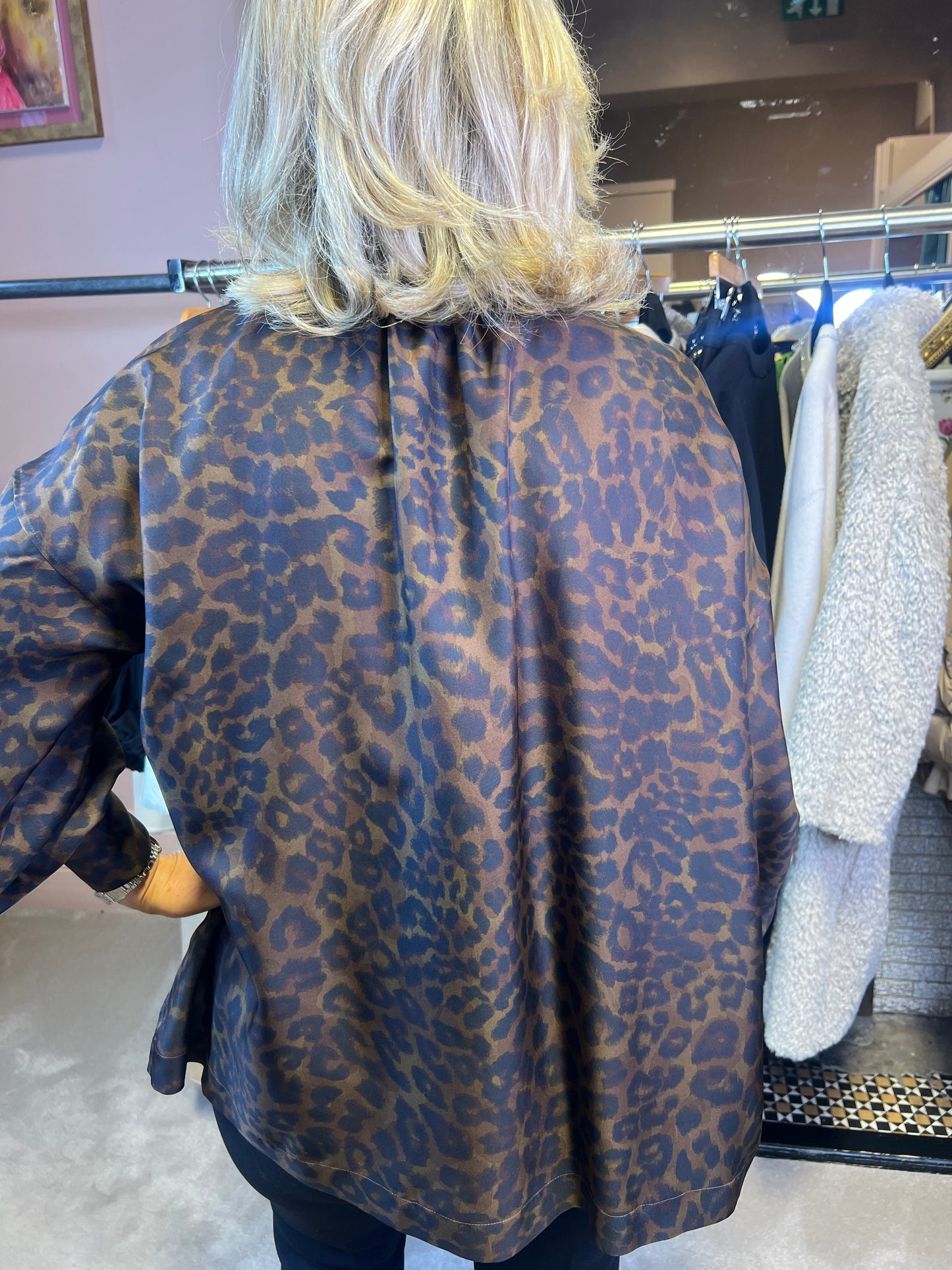 Chocolate Brown and Black Silk Leopard Print Blouse with Mandarin  Collar