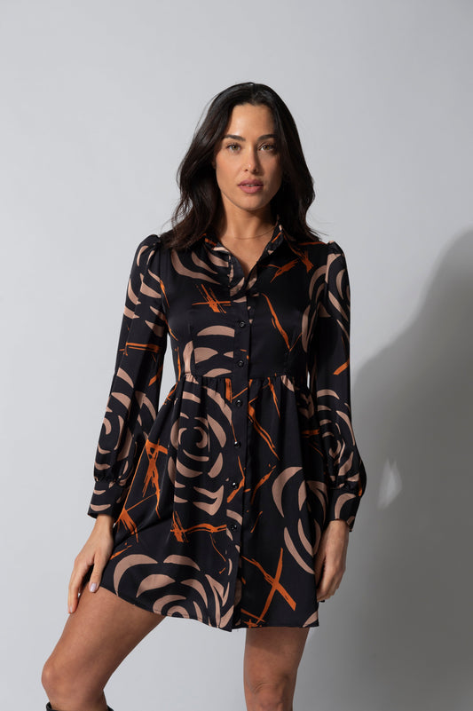 Rose Black,Camel and Rust Printed Mini Shirt Dress