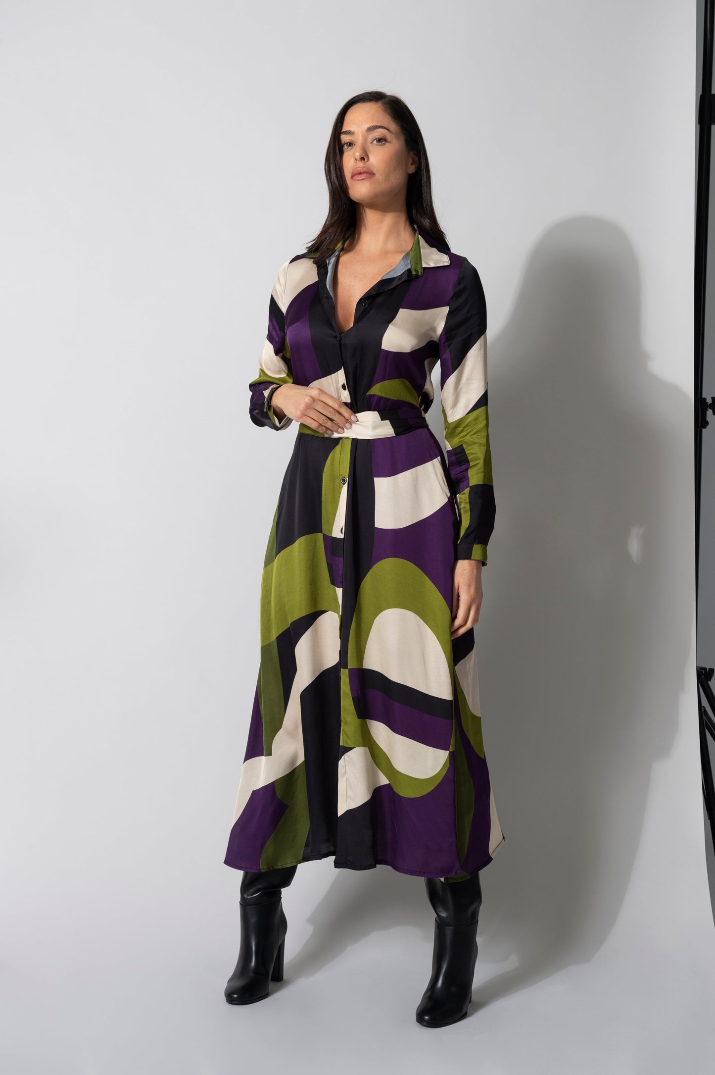 Kent Purple and Green Shirt Midi Dress with Belt