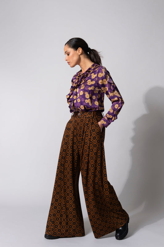 Purple Daisy Printed Touche Blouse with Frill