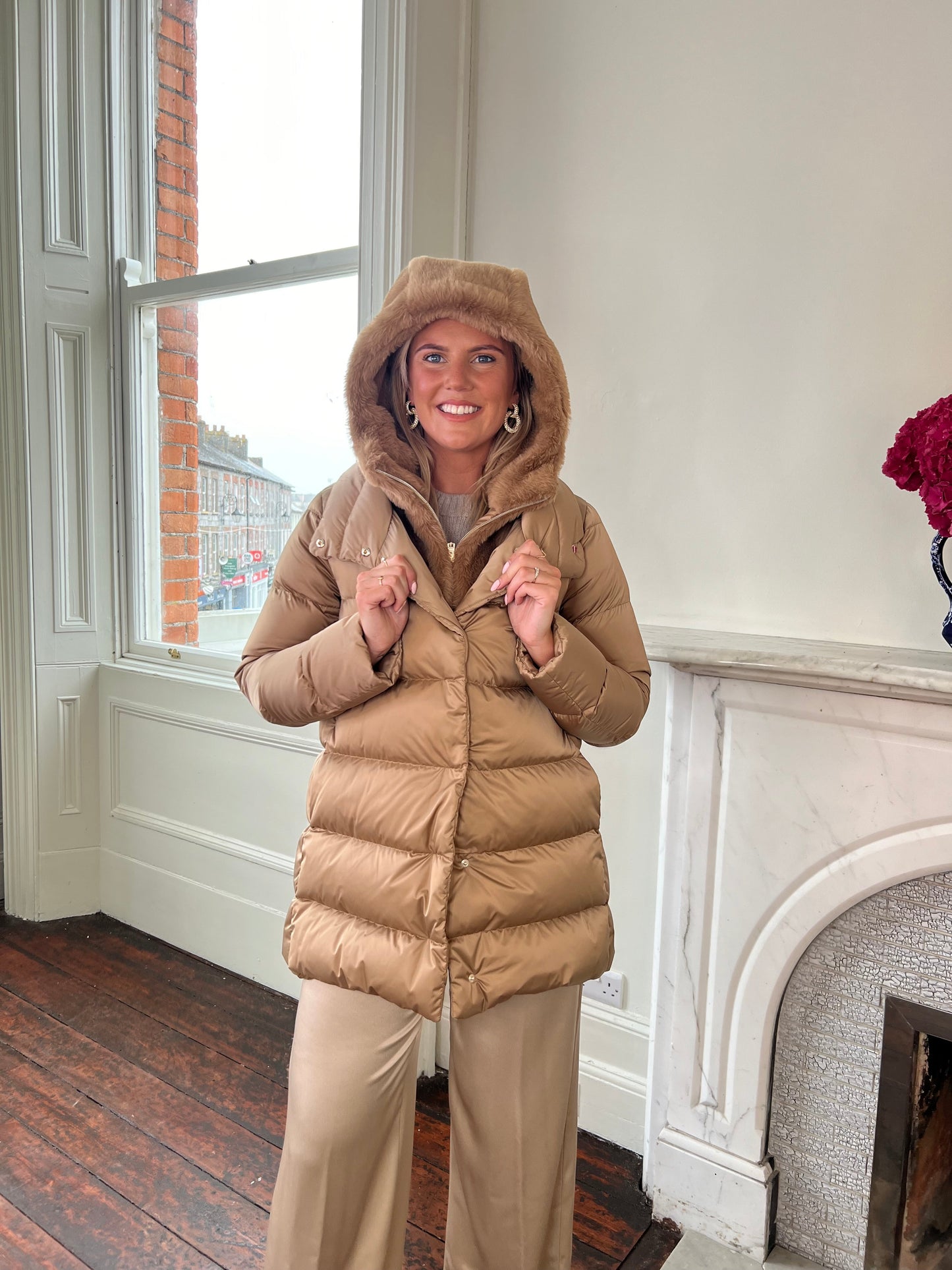 Herno Camel Puffer Jacket with Detatchable Faux Fur Hood