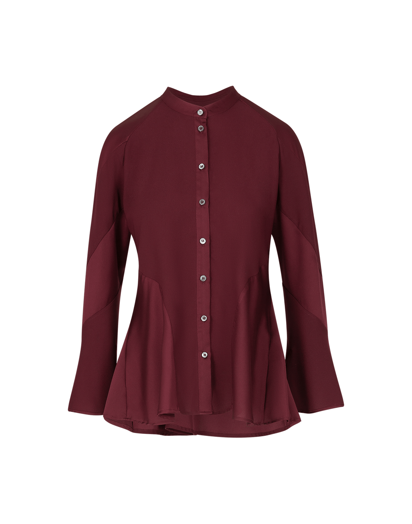 PATIENTLY  Burgundy Flared Blouse in Tech Satin