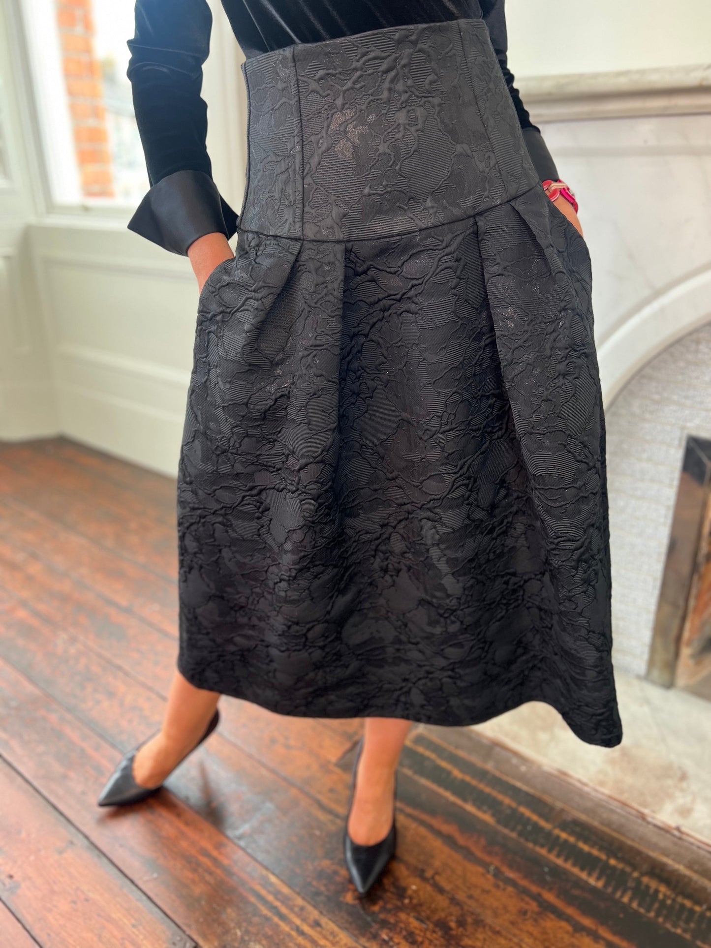 High Waisted Black Brocade Midi Skirt