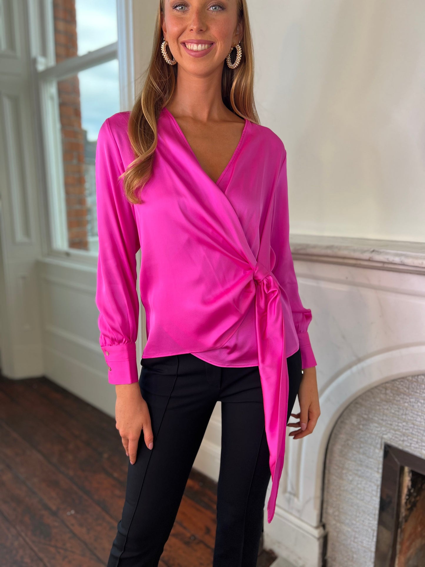 Monticello Silk Wrap Around Blouse in MIAMI PINK