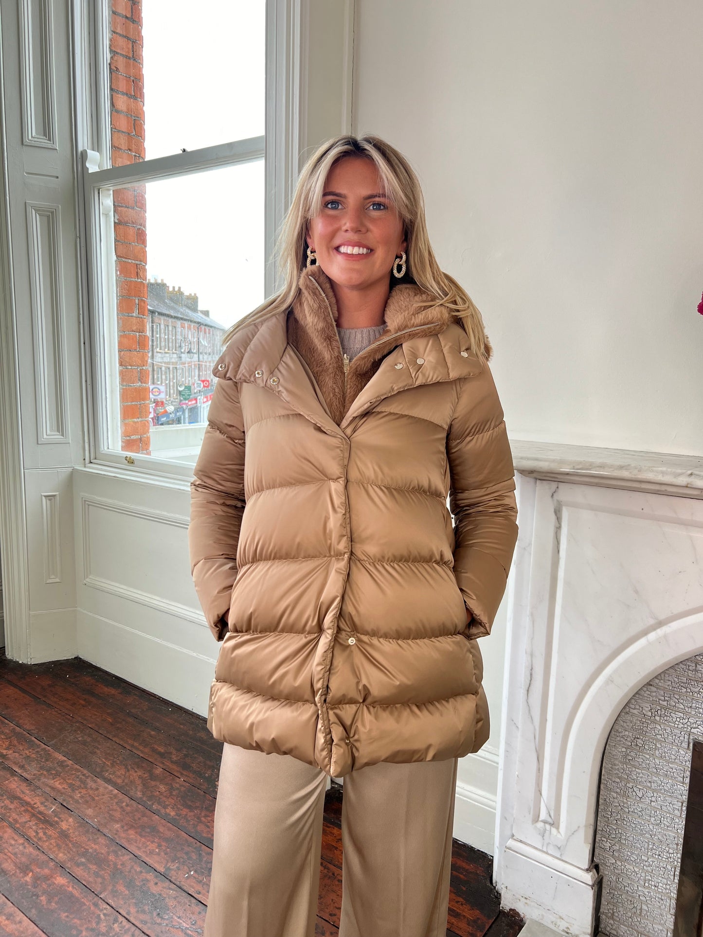 Herno Camel Puffer Jacket with Detatchable Faux Fur Hood