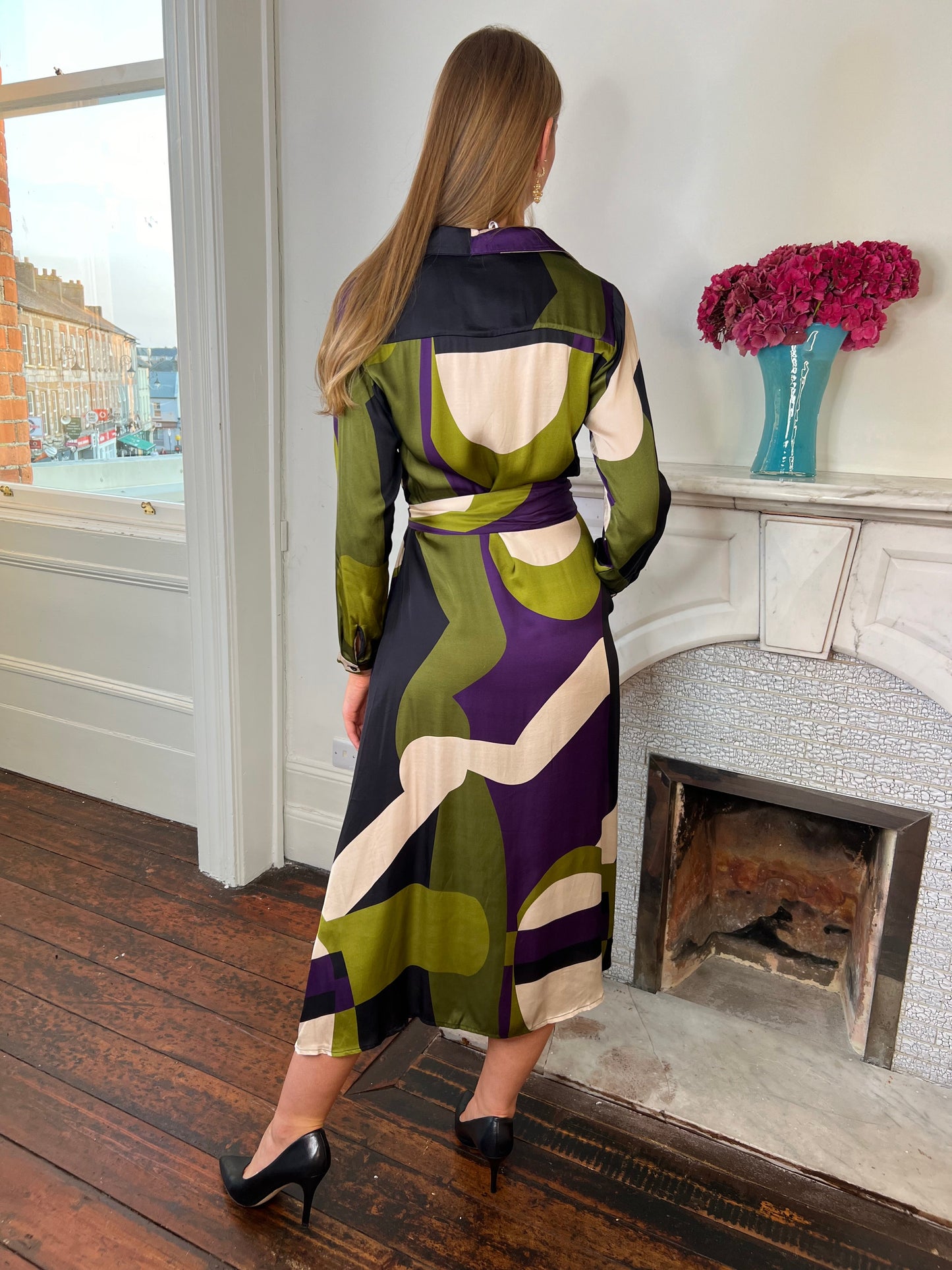 Kent Purple and Green Shirt Midi Dress with Belt