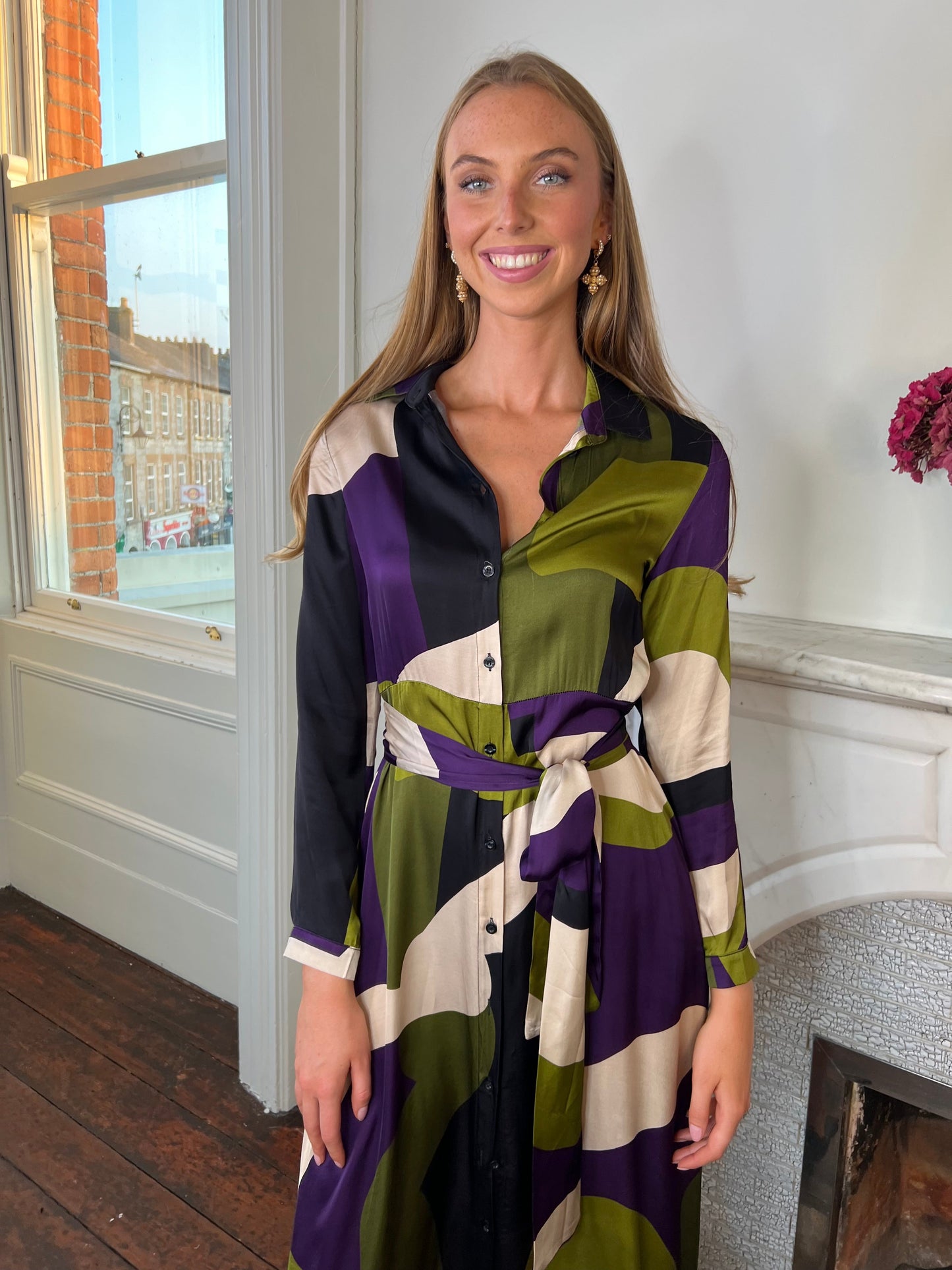 Kent Purple and Green Shirt Midi Dress with Belt