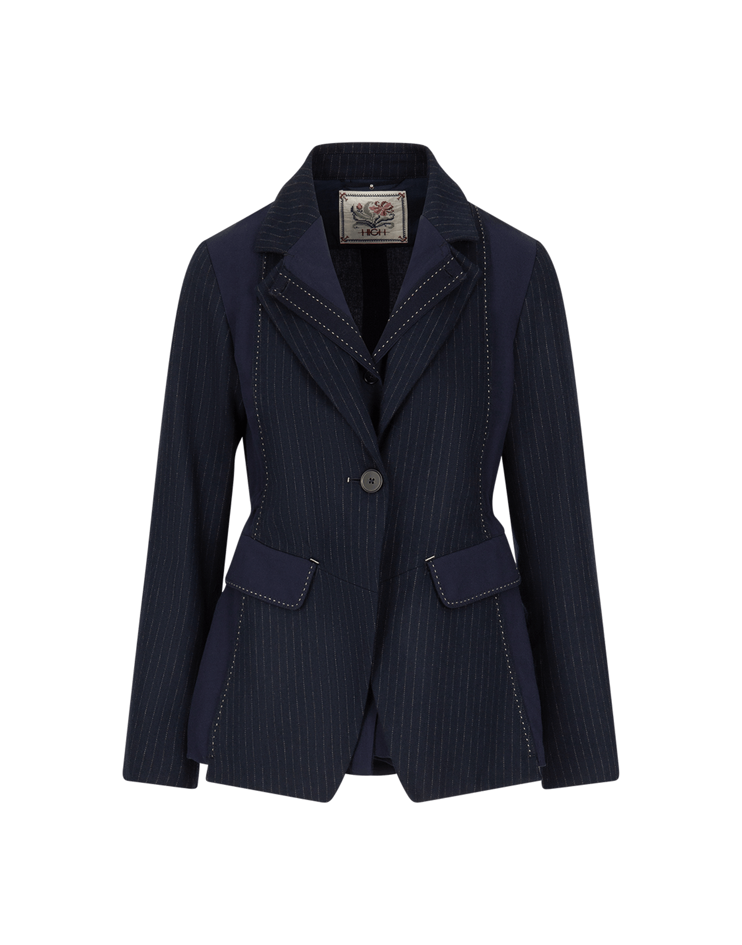 REPERTOIRE Fit and Flare Jacket in Navy Pinstripe and Wool Crêpe