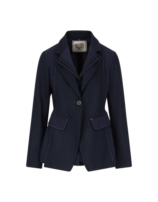 REPERTOIRE Fit and Flare Jacket in Navy Pinstripe and Wool Crêpe