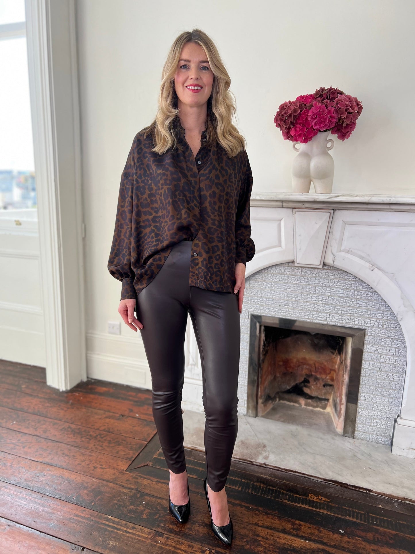 Chocolate Brown and Black Silk Leopard Print Blouse with Mandarin  Collar