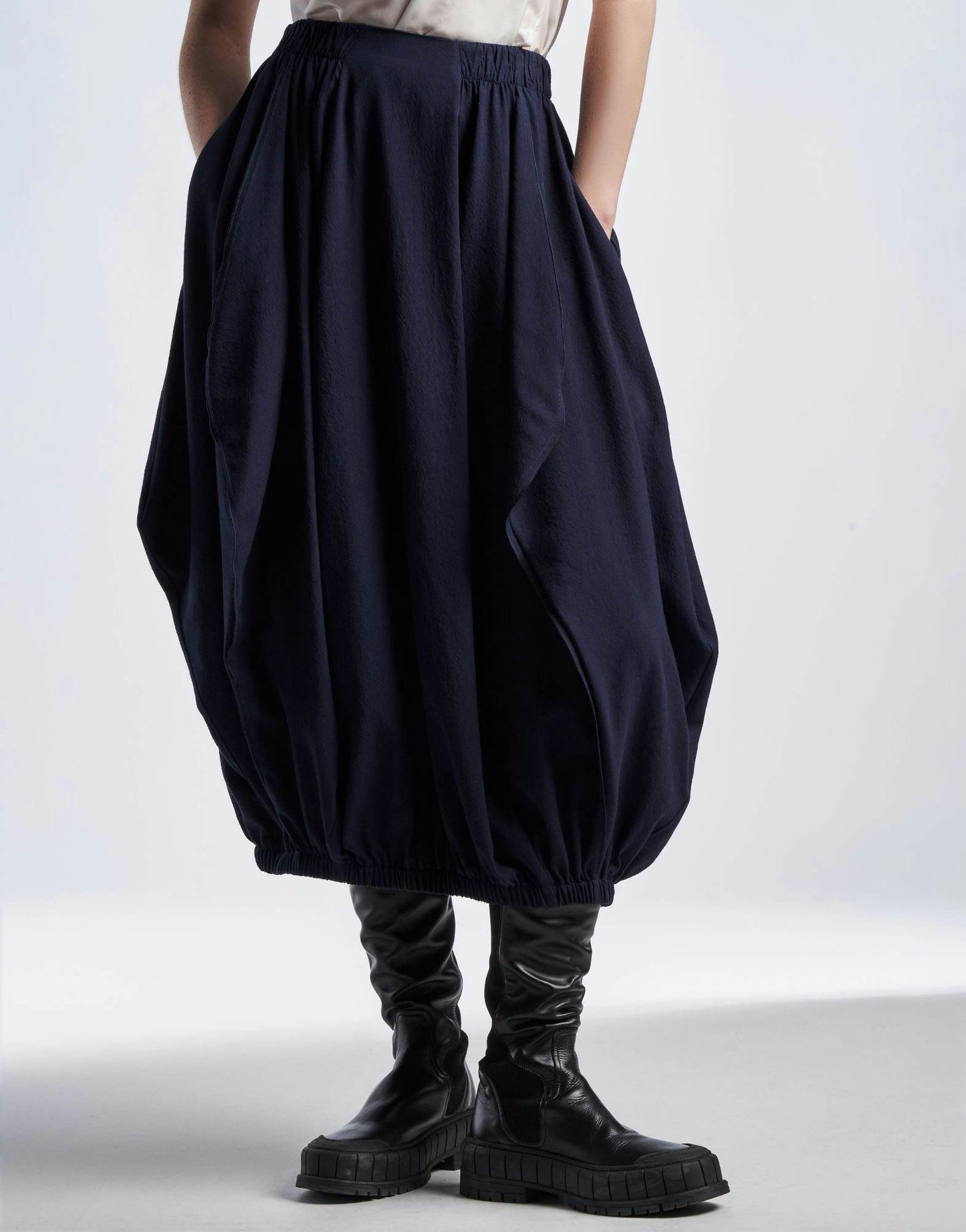 SCULPTED Navy Balloon Skirt with Inverted Asymmetrical Seams