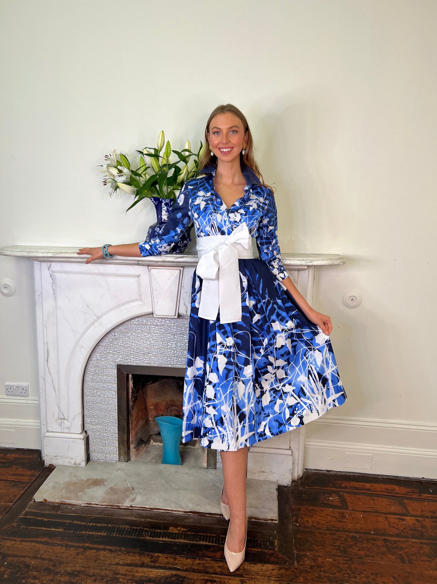 ElenaT Cobalt Blue Printed Poplin Cotton Shirt Dress with Off White Grosgrain Wrap Belt