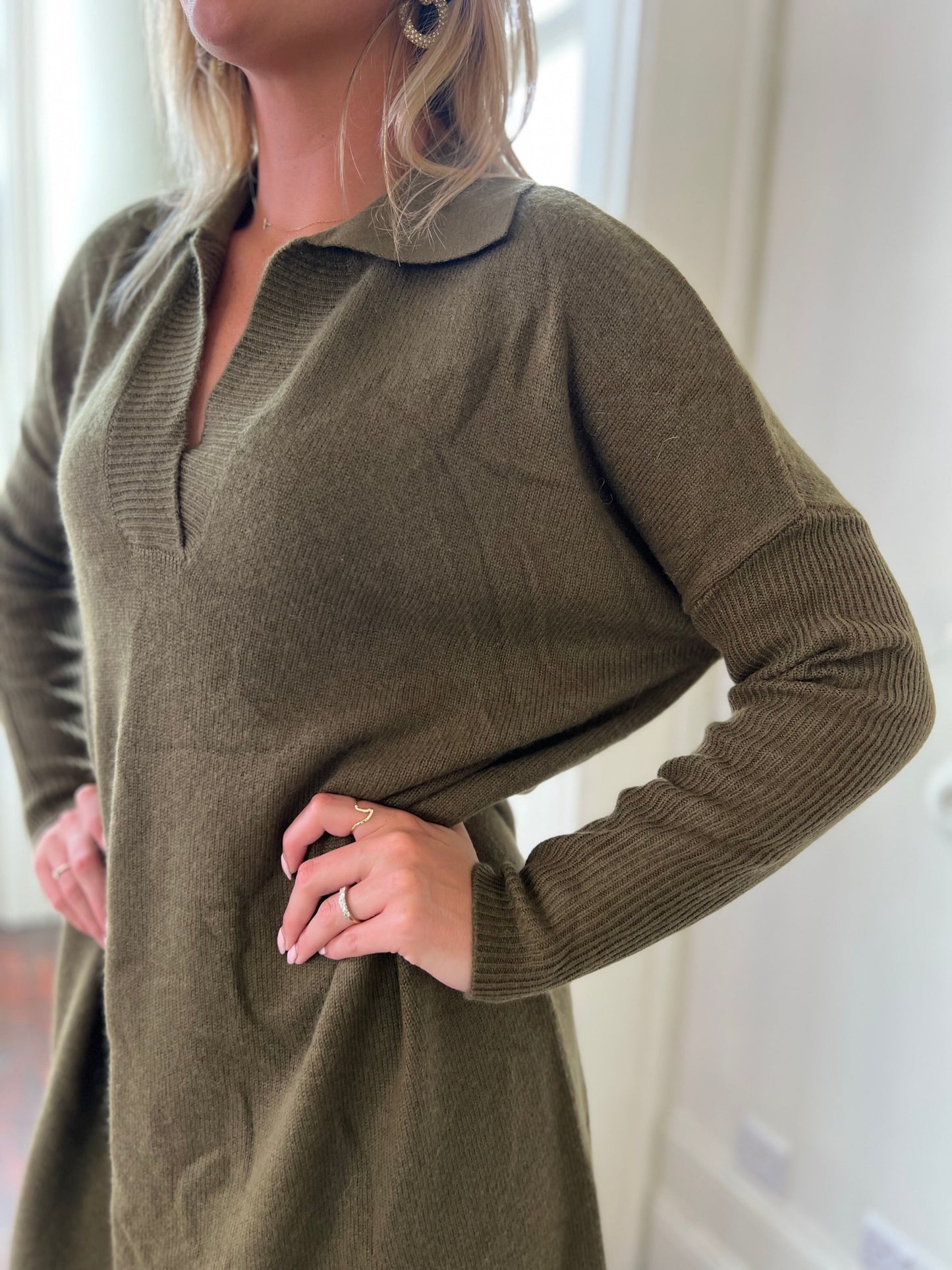 Cashmere Dress with Collar in Army Green