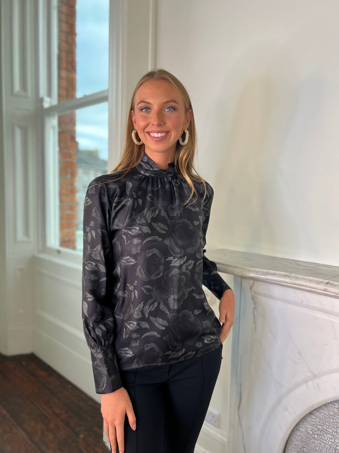 Black and Green Silk Rose Print Blouse with High Neck