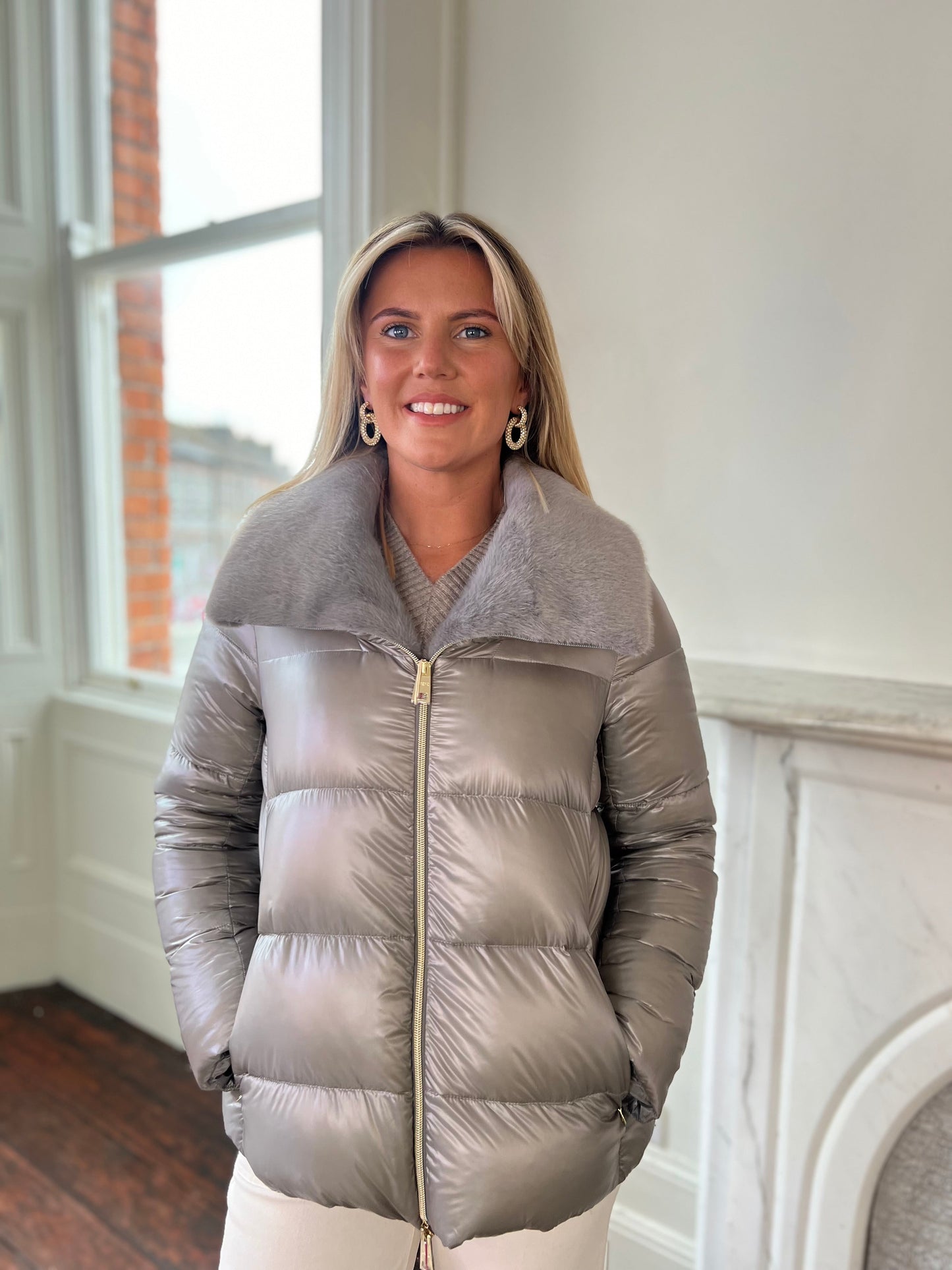 Light Grey Puffer Jacket with Faux Fur Collar