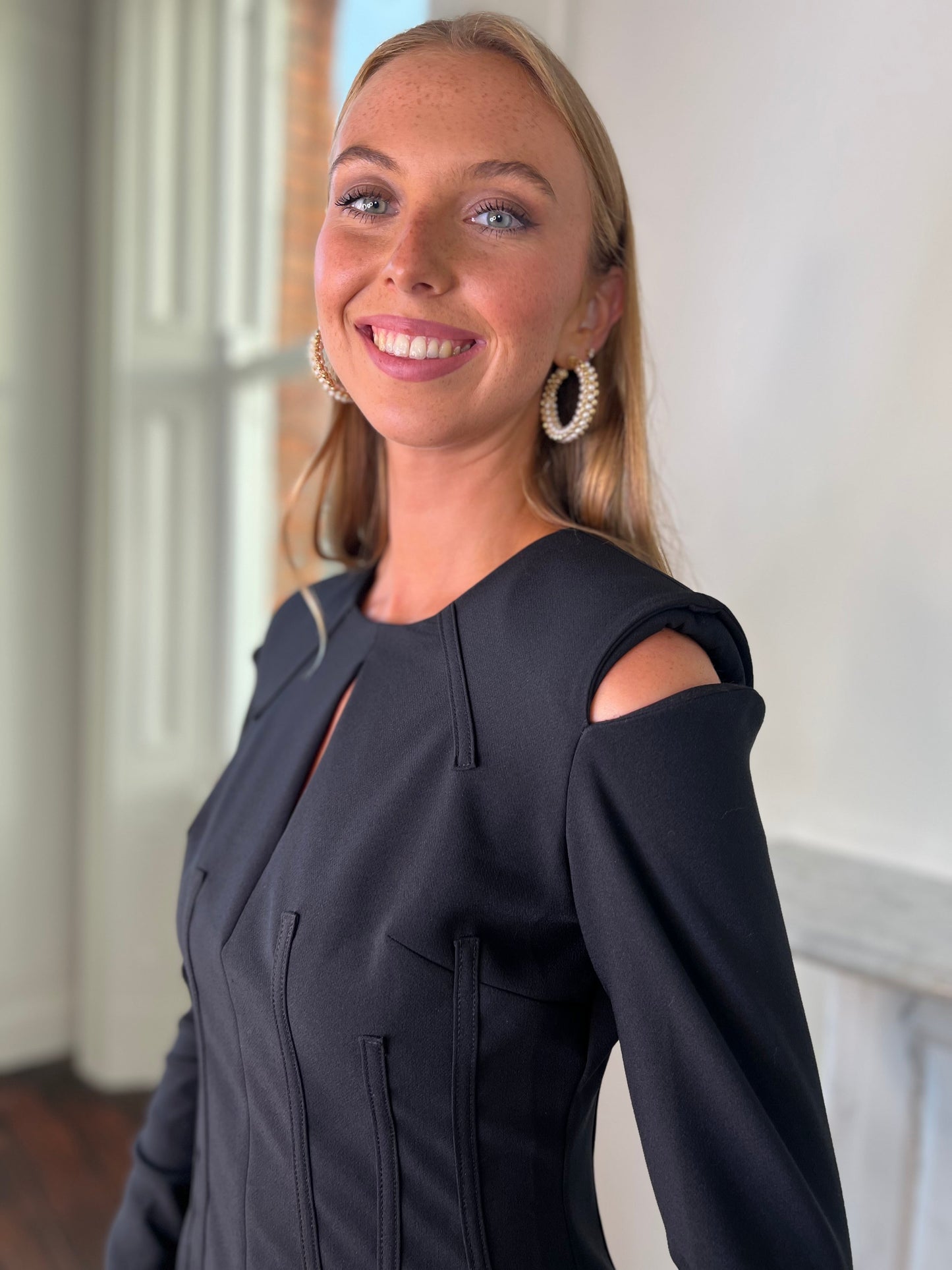 Fitted Black Dress with Open Shoulder Detail