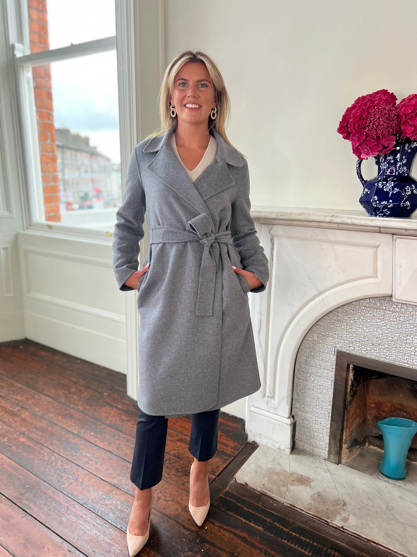 Rancio Grey Wool Wrap Coat with Belt Detail