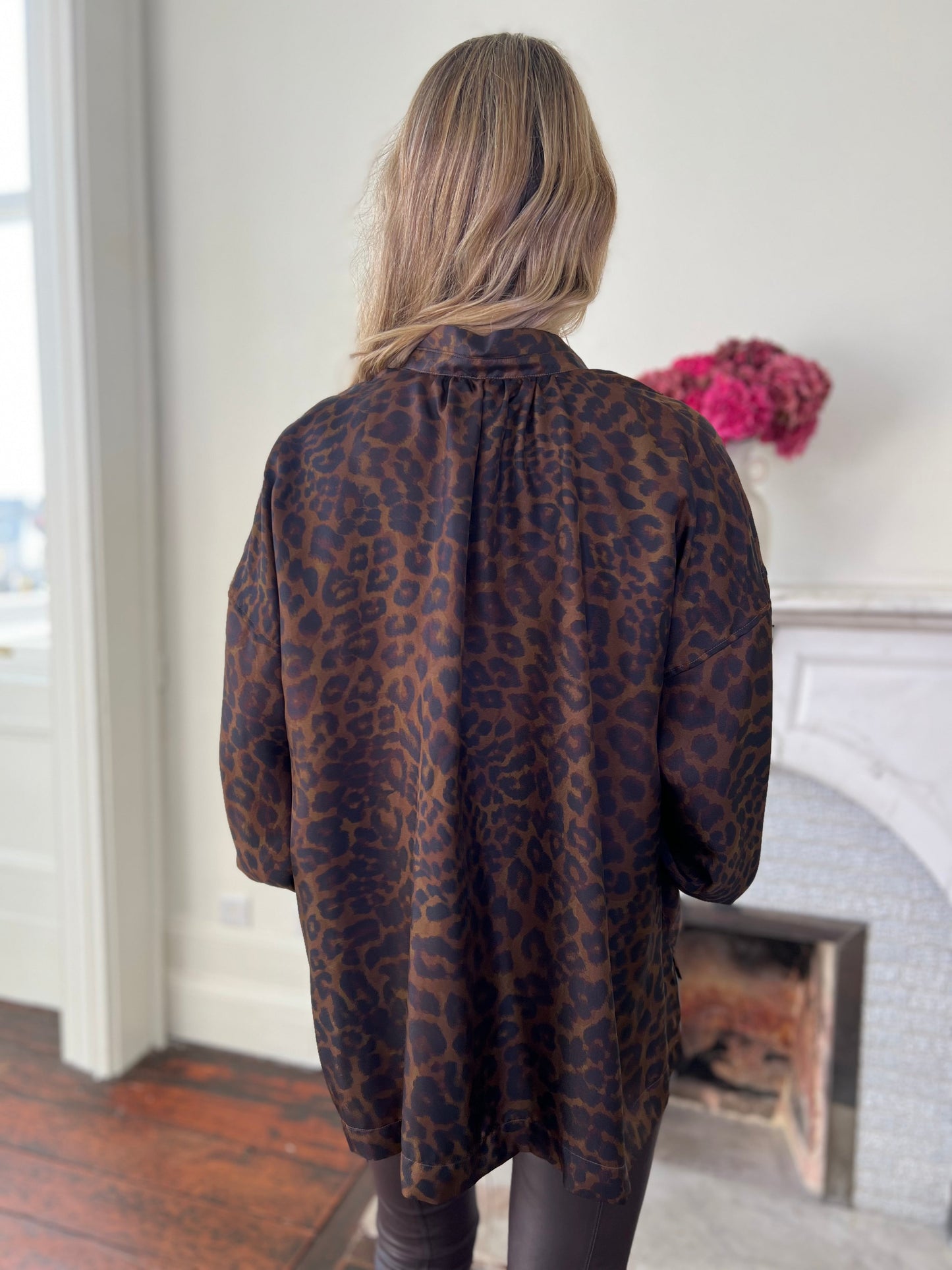 Chocolate Brown and Black Silk Leopard Print Blouse with Mandarin  Collar