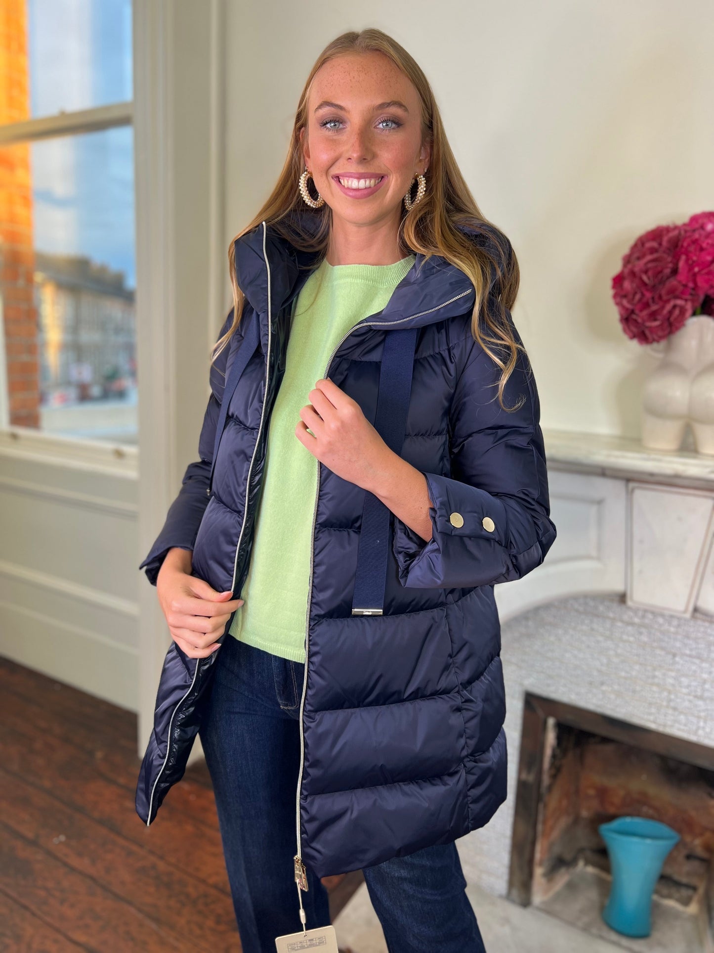 Navy A Shaped Long Puff Down Jacket with Hood