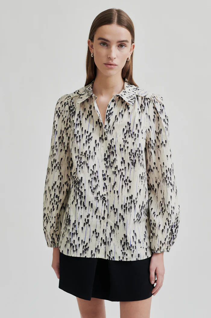 Raina Shirt in Black ,Cream and Cobalt Print