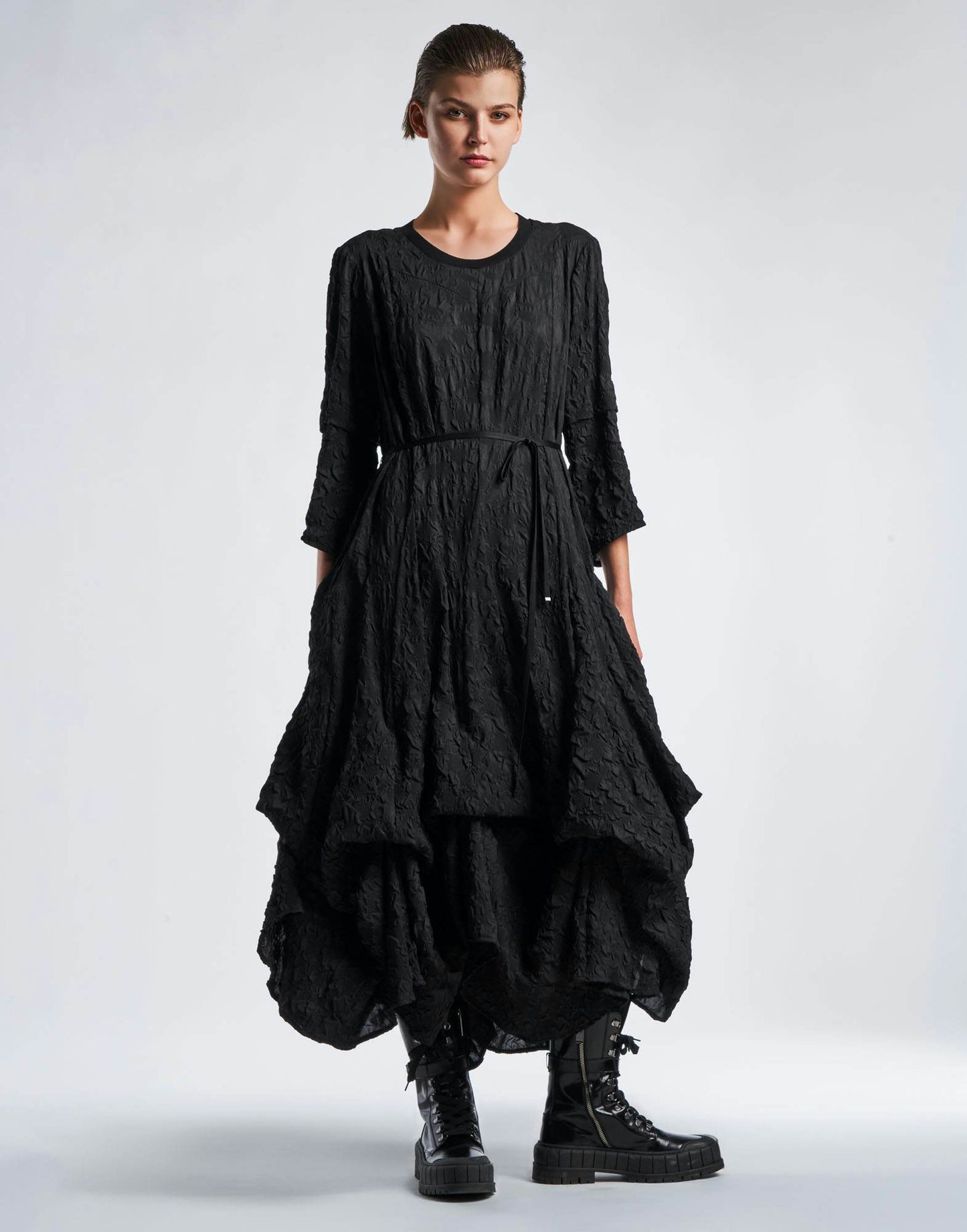 OPTIMISM Black Skirted Cloque Dress with Pick-up Hem