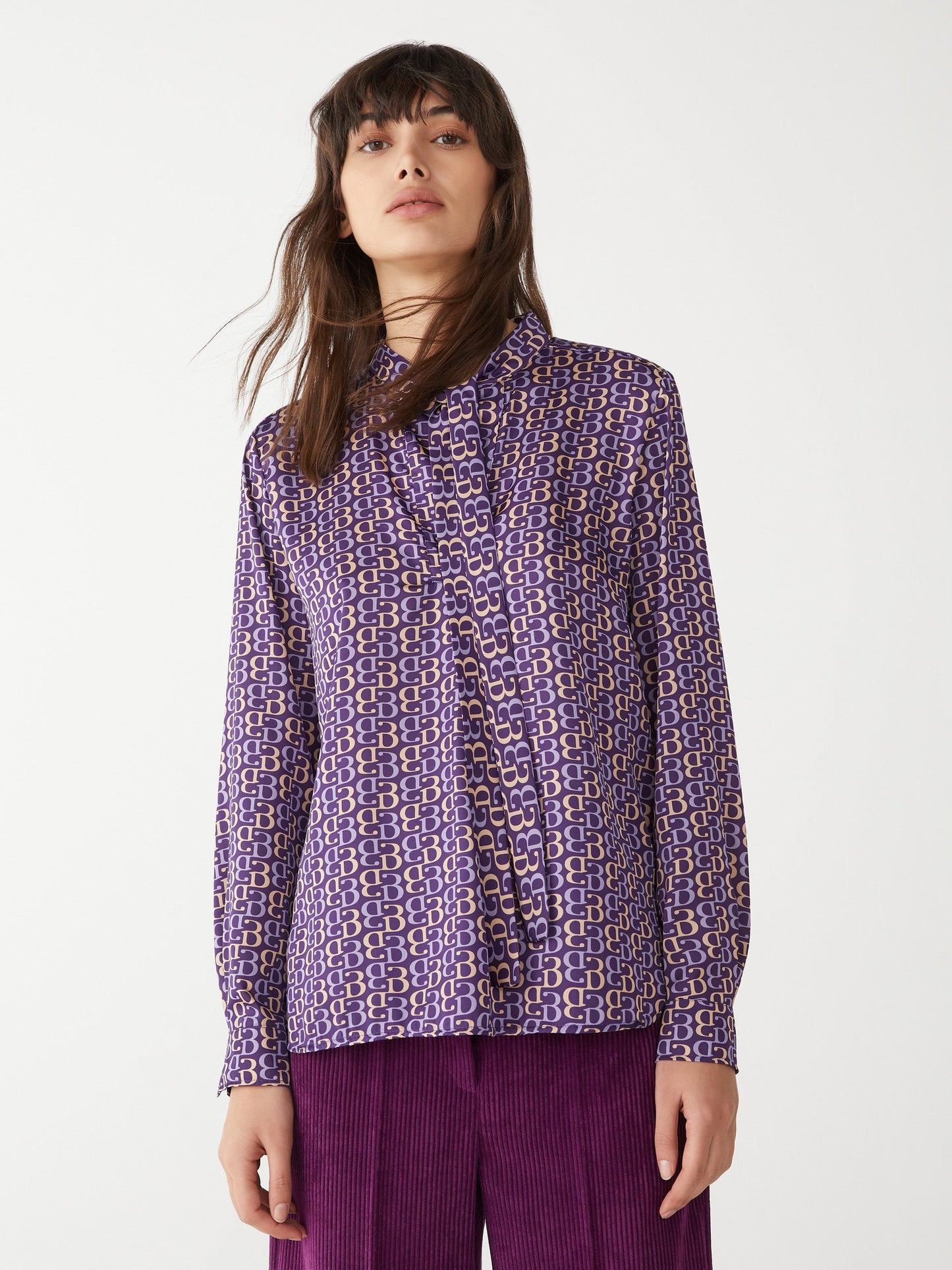 Purple Printed Neck Tie Blouse