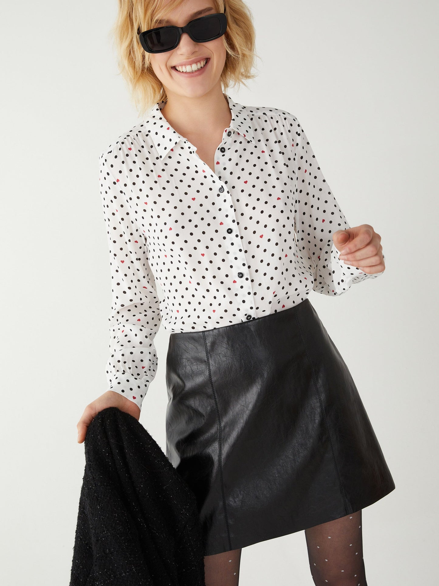 Nolana Black and White Polka Dot  Shirt with Red Hearts