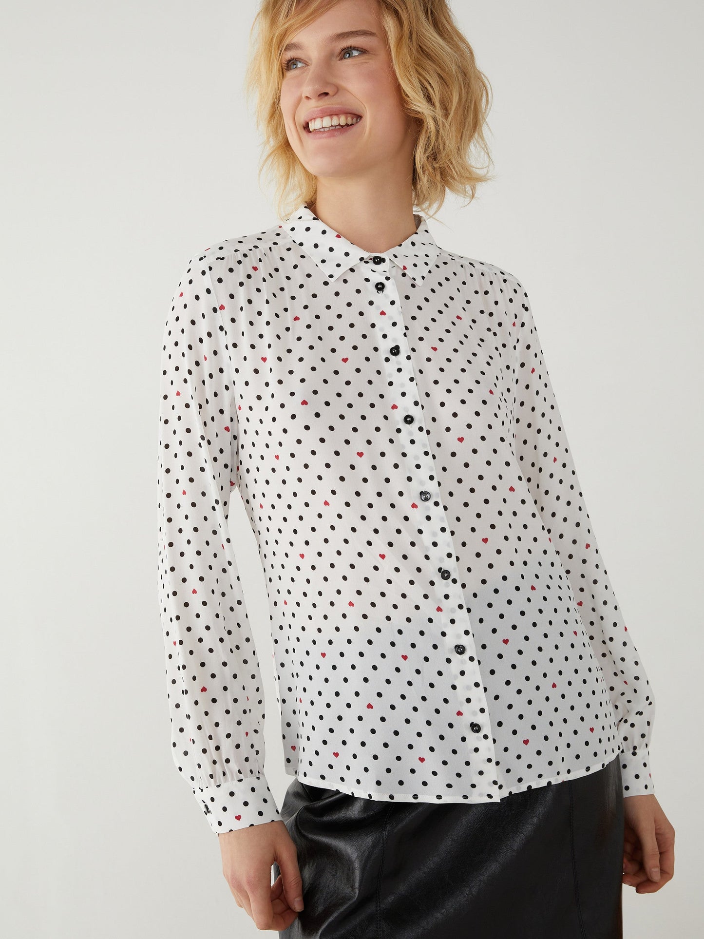 Nolana Black and White Polka Dot  Shirt with Red Hearts