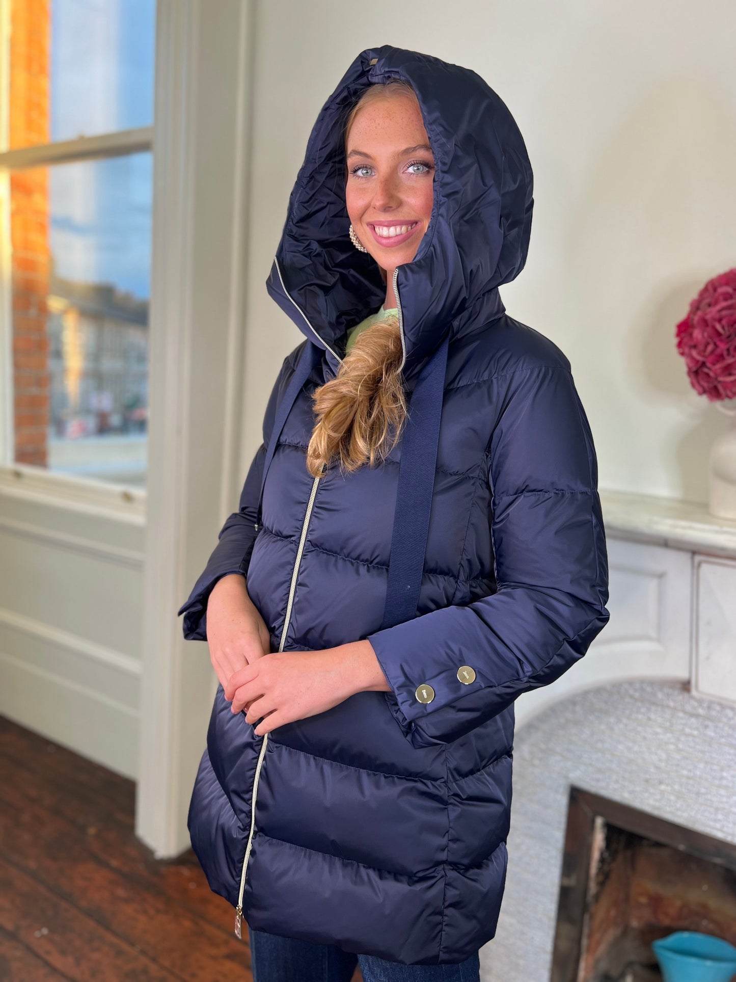 Navy A Shaped Long Puff Down Jacket with Hood