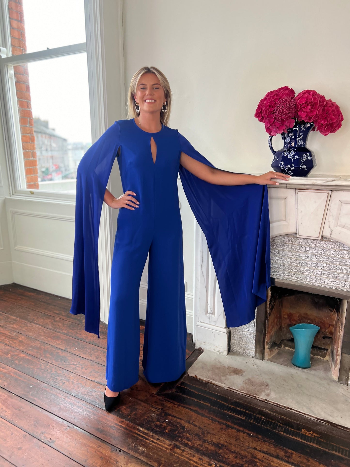 Royal Blue Jumpsuit With  Long Draped Sleeve Detail