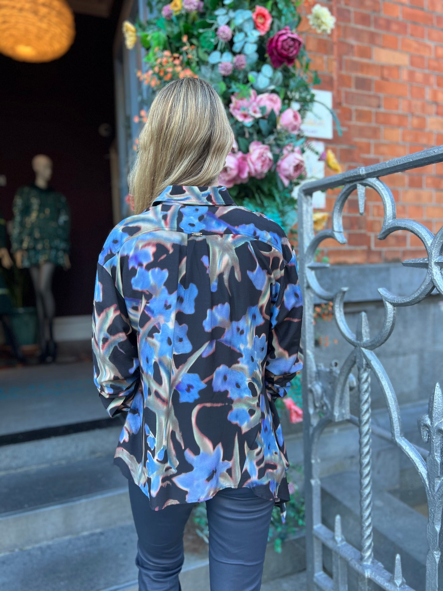 Gentle Asymmetrically Cut Shirt in Black and Blue Abstract Floral