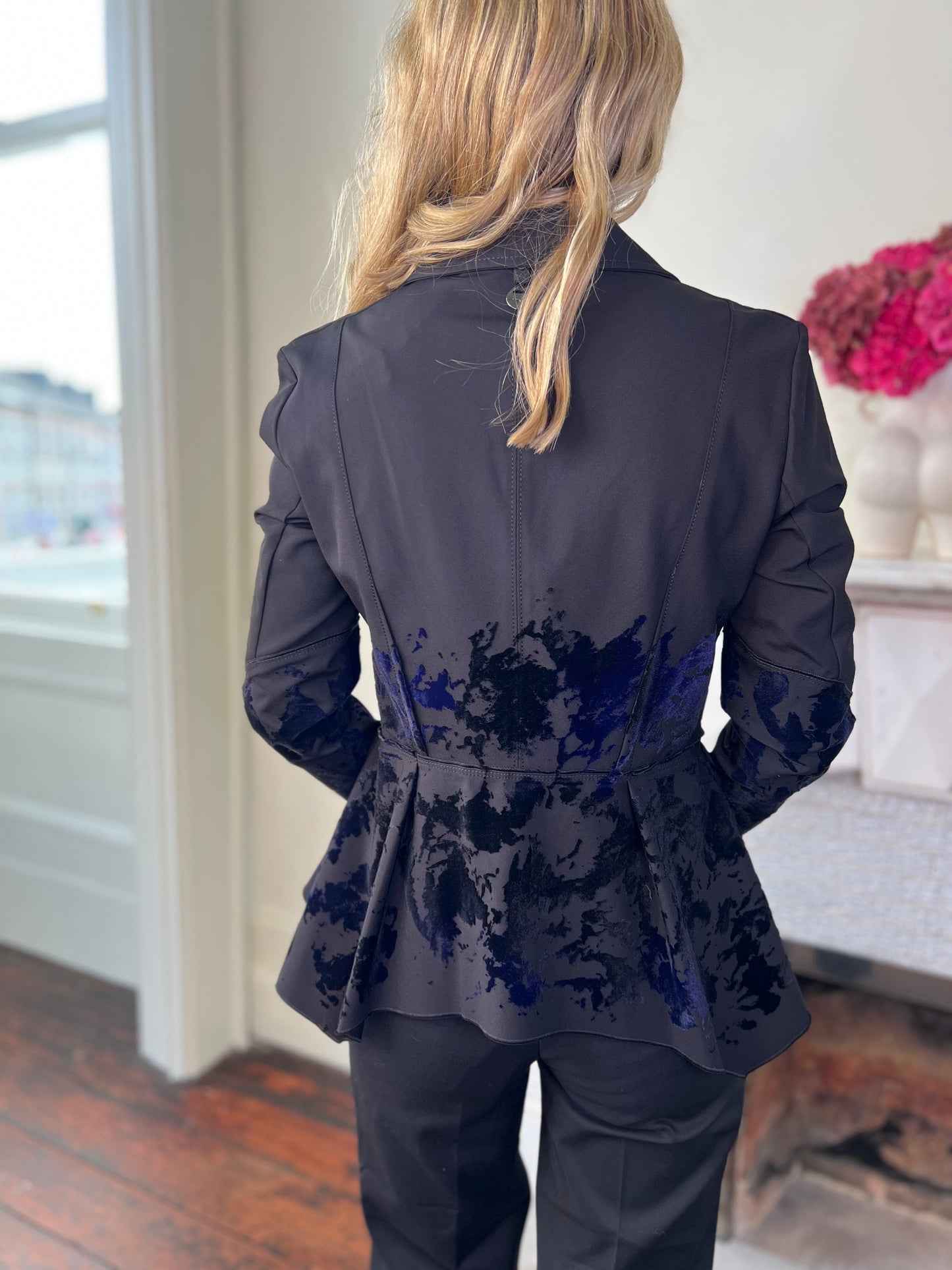 INTRIGUING  Black Biker Inspired Jacket with Navy Flock Print