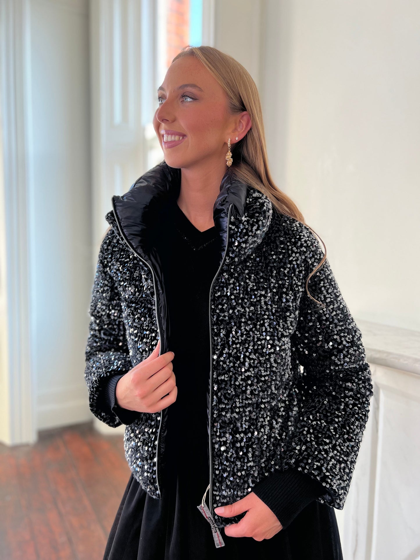 Black Velvet Down Jacket with Sequins