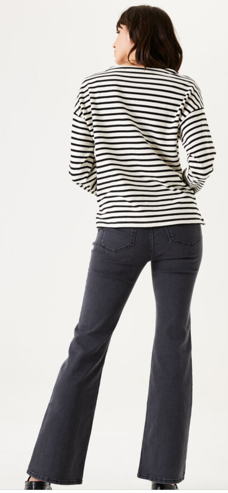 Black and Cream Stripped Breton Top with Button Detail on Shoulder