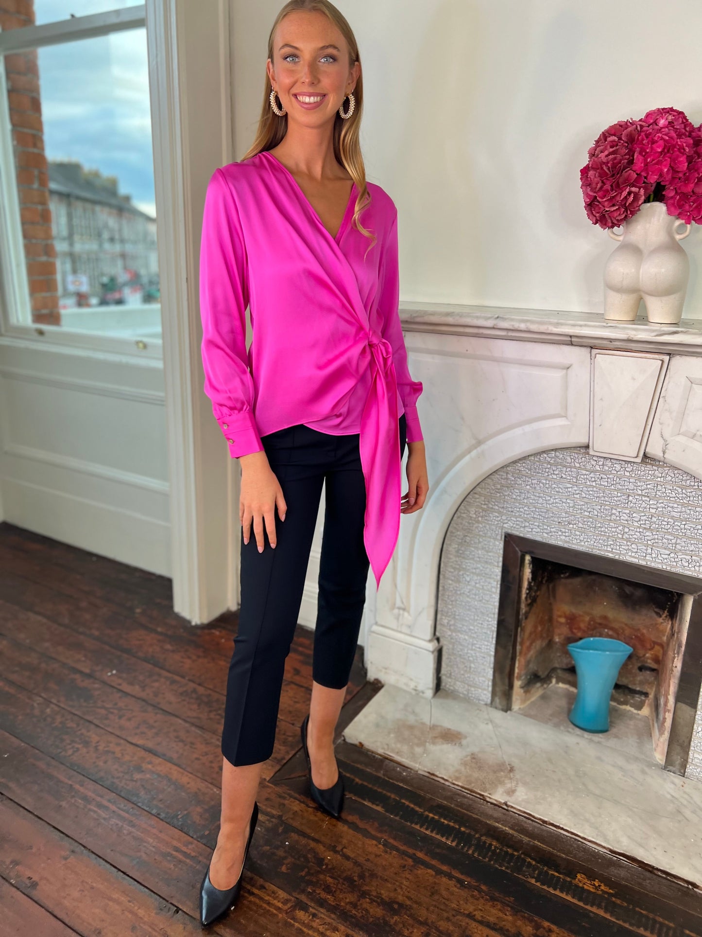 Monticello Silk Wrap Around Blouse in MIAMI PINK